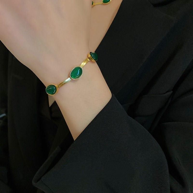 Luxury Gold-Plated Oval Green Crystal Necklace & Bracelet Set | Premium Fashion Jewelry for Women