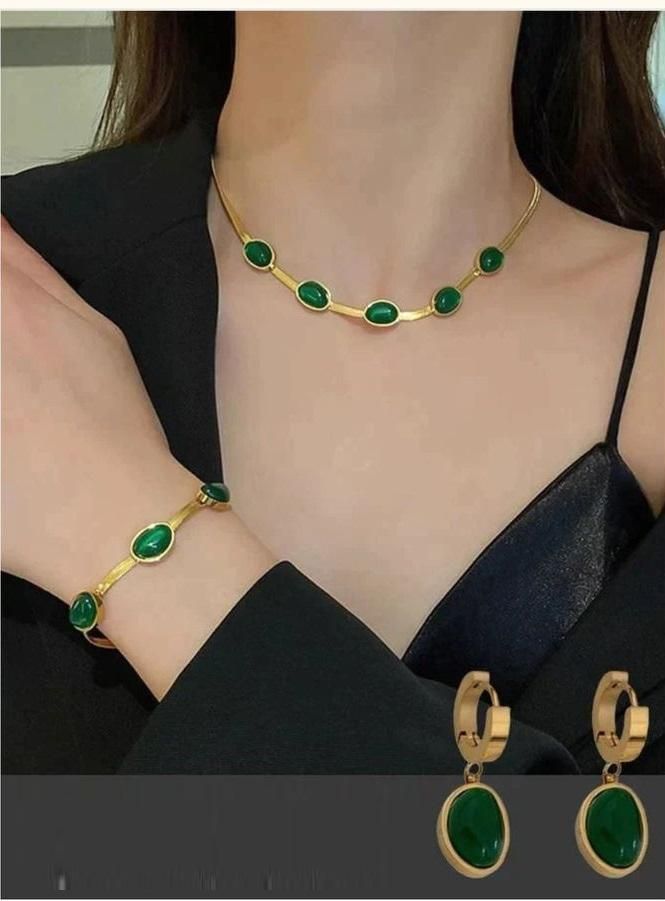Luxury Gold-Plated Oval Green Crystal Necklace & Bracelet Set | Premium Fashion Jewelry for Women