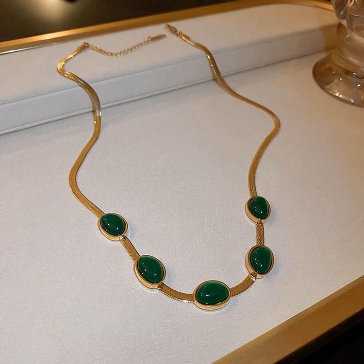 Luxury Gold-Plated Oval Green Crystal Necklace & Bracelet Set | Premium Fashion Jewelry for Women
