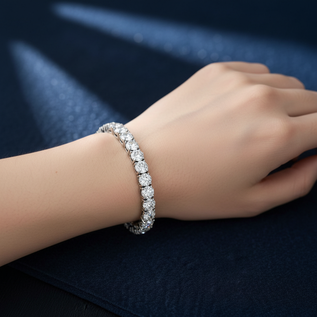 Bracelet on wrist with navy velvet