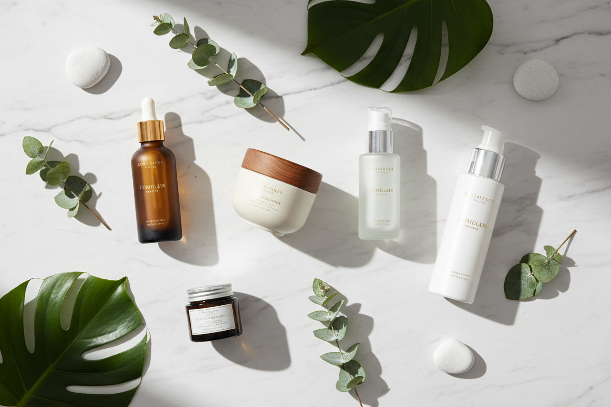 Skincare essentials flatlay